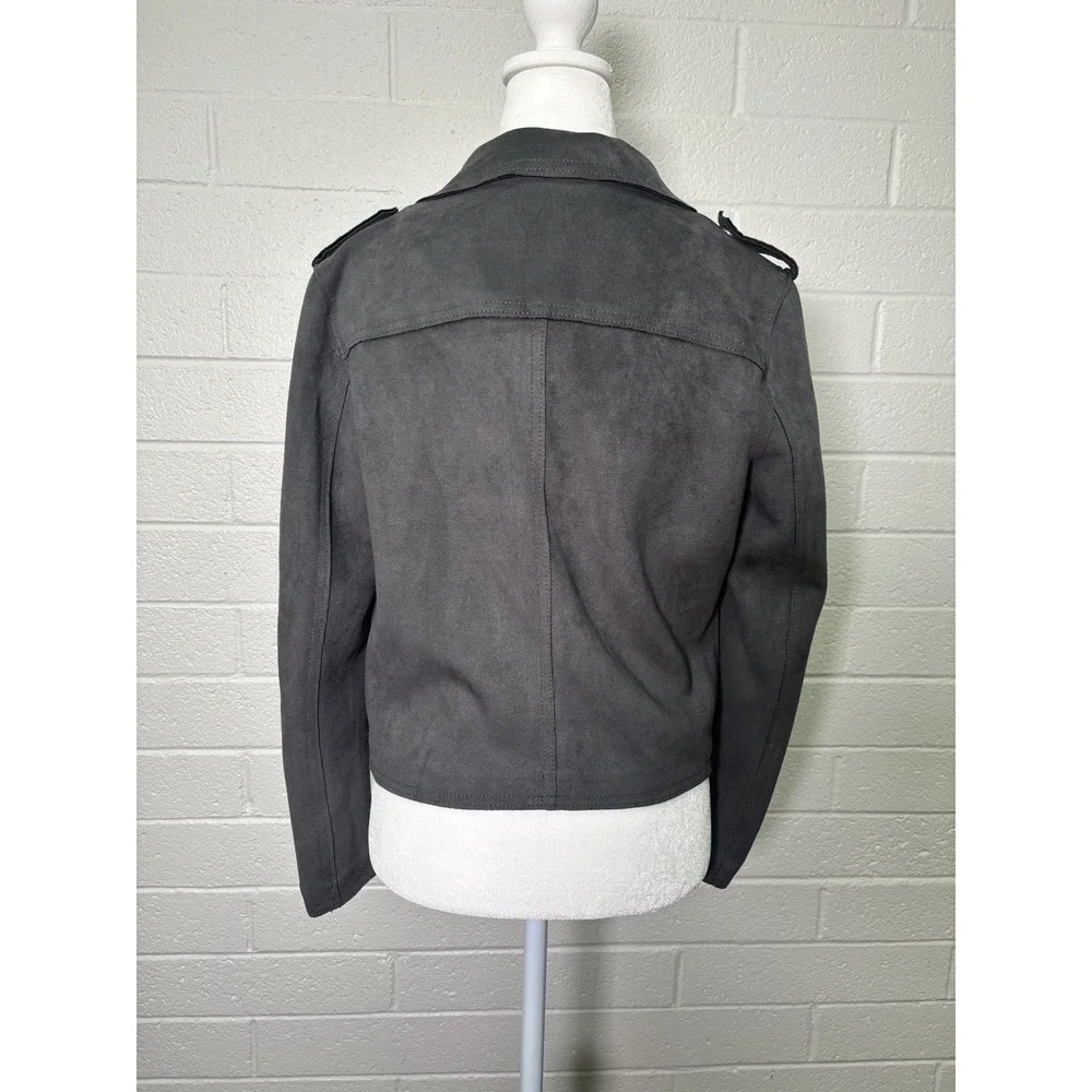 TAHARI Faux Leather Suede Jacket Women's‎ Small Grey Long Sleeve Coat Open